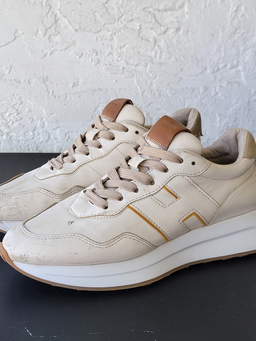 HOGAN H641 PLATFORM SNEAKERS Beige H Logo LEATHER Women's Size 8.5